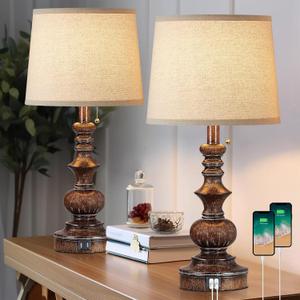 Vintage Bedside Table Lamps Set of 2 for Bedroom Nightstand Lamps with USB Charging Ports Rustic Farmhouse Small Table Lamp for Living Room End Tables Brown Wooden Finish, Pull Chain