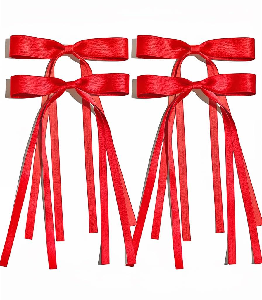 Ayesha Red Hair Bows Clips Coquette Ribbon Bowknot with Long Tail Princess Hair Bows French Barrettes Hair Accessories for Women Girls 4pcs (Red)