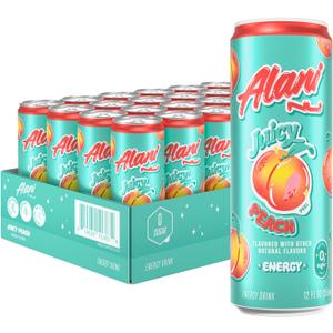 Alani Nu JUICY PEACH, Sugar Free, Low Calorie Energy Drinks, 200mg Caffeine, Biotin, B Vitamins, Zero Sugar, 10 Calories, 12 Fl Oz Cans, 24 Pack, 08/27