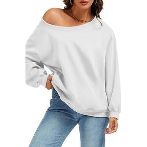 ELLEVEN Off The Shoulder Sweatshirt for Women Trendy Casual Long Sleeve One Shoulder Tops with Pockets Sexy Crewneck Pullover Slouchy Fall Outfits White X-Large
