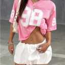 Women's Number Print Mesh Jersey Shirts V Neck Half Sleeve Crop Tops Workout Graphic Tees (XS)