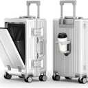 ALPHA CAMP 20 Inch Aluminum Frame Carry-On Luggage, Front Opening Hardside Carry on Suitcase with Quick-Access Front Compartment, Airline Approved with TSA Lock, USB&Type-C Ports, Cup Holder, Silver