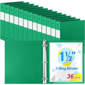 Henoyso 36 Pcs 3 Ring Binder 1.5 Inch Plastic Flexible Round Binder Fits Letter Size 8.5 x 11 Inch Paper Holds 300 Sheets with 1 Pockets for Office School (Green)