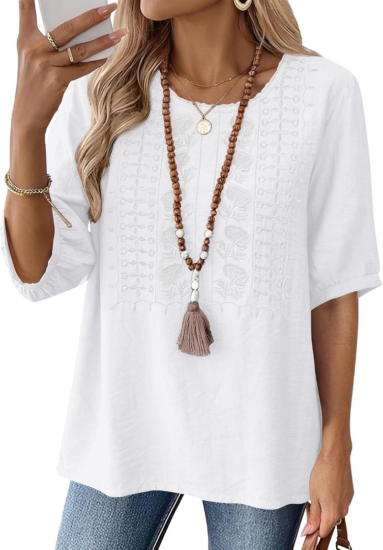 Kistore Women's Embroidered Blouses 2026 Short Sleeve Lace Trim Crew Neck Trendy Casual Tops Pullover Shirts (White, XXL)