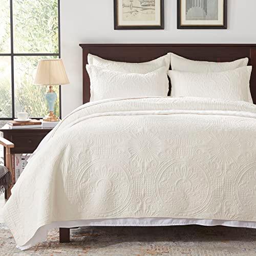 Anluoer Quilt Twin Size Bedding Set-Cream Embossed, Bedspreads-Lightweight Summer Soft Microfiber Bedspread, Bed Coverlet for All Seasons (1 Quilt, 1 Pillow Sham)