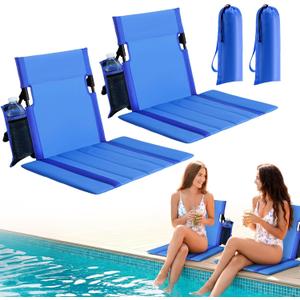2 Pack Portable Poolside Chairs, Foldable Legless Beach Chairs for Adults with Cup Pocket, Lightweight Ground Seat Small Beach Chair for Edge of Pool, Quick-Dry Back Support for Travel (Navy)