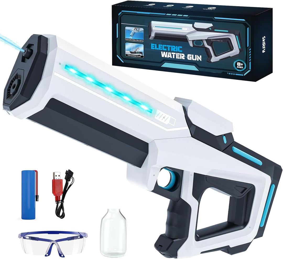 Electric Water Gun for Adults Kids,Battery-Powered Squirt Toy with Tank, LED Light,Automatic Water-Absorption,Summer Outdoor Beach Play,Pool Garden Fun for Kids Age 8 9 10 (White)