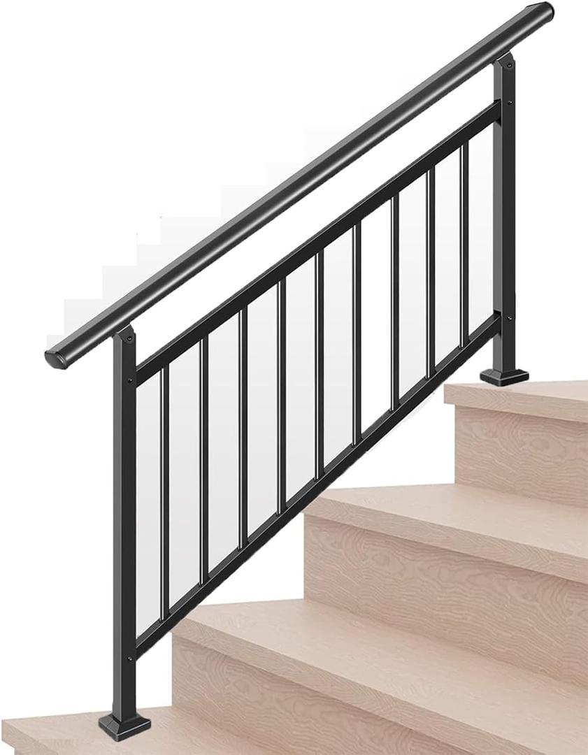Metty Metal Handrails for Outdoor Steps Suitable for 1 to 5 Steps- Wrought Iron Stair Railing- Step Steady with 5 Feet Handrailing- Safe Indoor Home Banisters (White with Balusters)