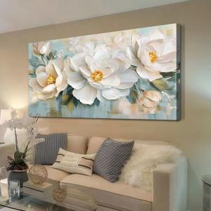 Enartly White Flowers Canvas Wall Art, Natural Plant Painting Textured Artwork for Living Room Bedroom Hallway Kitchen Dining Room Home Office Wall Decor, 48"x24"
