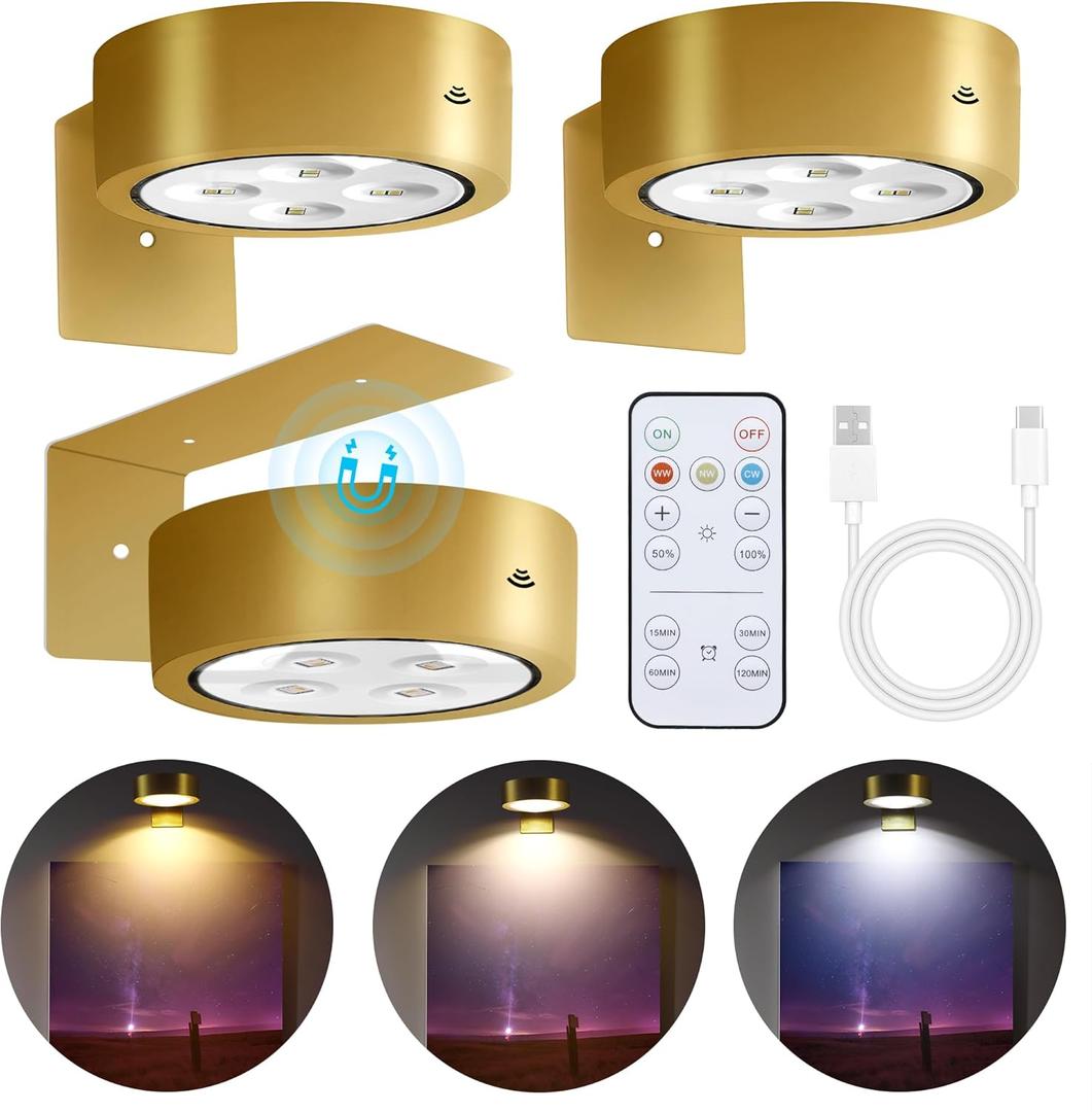 3-Pack Picture Lights for Wall, Rechargeable Battery Operated Led Painting Light with Remote Dimmable  Timer, 3 Lighting Modes Magnetic Art Display Light, Wall Decorative Lighting for Picture,Frame