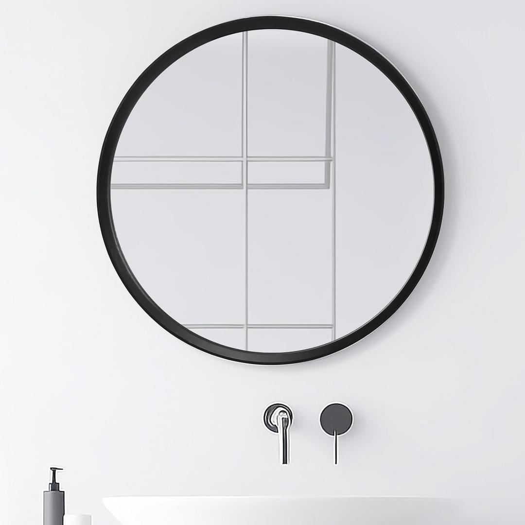 MAGFLERUM Black Round Mirror 24 inch, Wood Framed Large Round Mirror, Black Wall Mirror for Bathroom, Wall-Mounted Circle Mirrors, Suitable for Entrance, Living Room, Bedroom, Hallway, Vanity (24"L x 24"W)