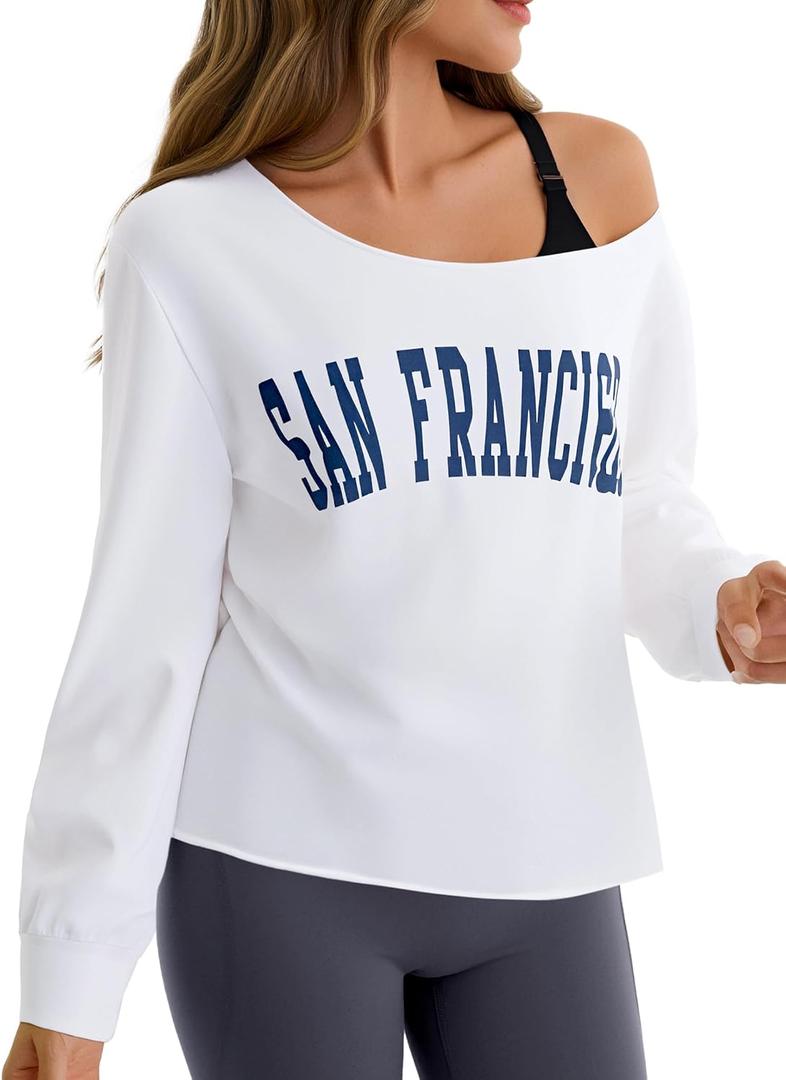 Remidoo Womens Off The Shoulder Tops Letter Graphic Oversized Tshirts Long Sleeve Shirt White Medium (White, M)