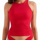 SUUKSESS Women Padded Cotton Ribbed Tank Tops High Neck Racerback Basic Tops, Red,  S