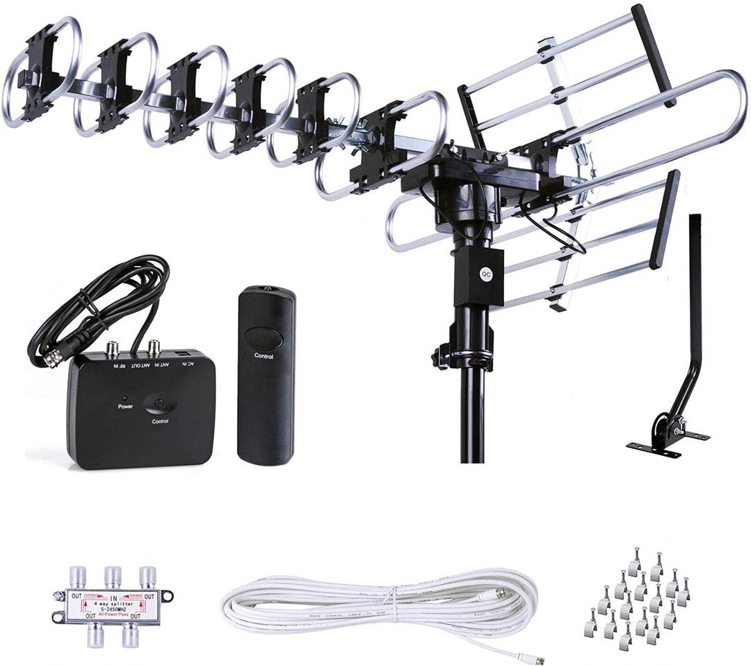 Five Star Outdoor HD TV Antenna Strongest Up to 200 Miles Long Range with Motorized 360 Degree Rotation, UHF/VHF/FM Radio Infrared Remote Control with Installation Kit and Jpole Five Star Outdoor HD TV Antenna Strongest Up to 200 Miles Long Range with Motorized 360 Degree Rotation, UHF/VHF/FM Radio Infrared Remote Control with Installation Kit and Jpole