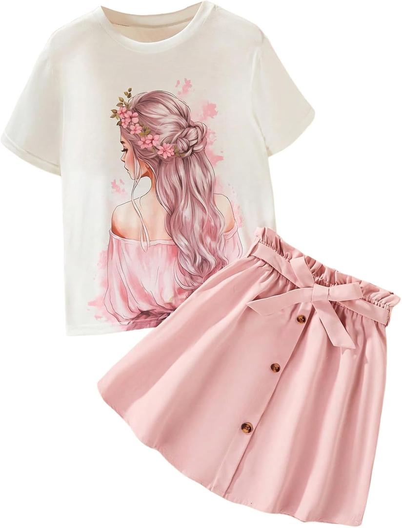 Floerns Girl's 2 Piece Outfit Figure Graphic T Shirt and Belted Button Skirt Set (Pink)