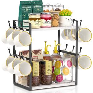 EsLuker.ly 2 Tier Coffee Mug Holder Station Bar Organizer Countertop, Mug Cup Tree Rack for Kitchen Office, Storage Shelf with 12 Hooks, Creat Stylish Coffee Corner, White-Black