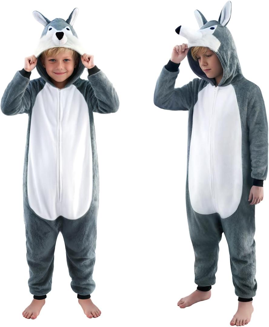 Unisex Kids Animal Onesie Pajamas, Flannel Halloween Cosplay Costume for Boys Girls - Homewear Sleepwear Outfit Gifts (5-6 Years, Husky)