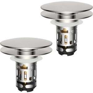 Hibbent 2 Pack Upgraded 3 in 1 Bathroom Sink Drain Strainer, Pop Up Sink Stopper with Big Cap, Anti-Clogging Metal Filter Basket,Sink Plug with Hair Catcher for 1.1''~2.36'' Basin, Brushed Nickel