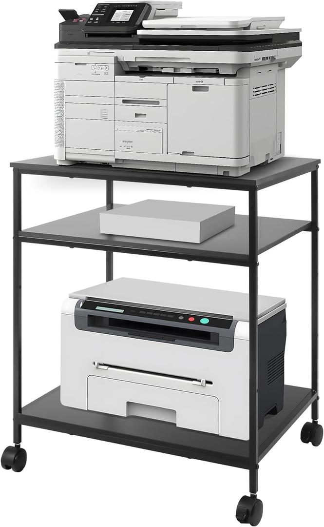EMERIT 3-Tier Printer Stand for Laser/Inkjet/All-in-One - 23.6x18.9x31.5 Heavy Duty Cart w/Adjustable Shelves & Lockable Wheels, Storage for Scanner/Fax/Supplies - Industrial Home & Office (Black)