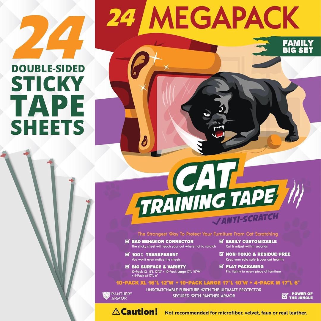 24 Pack Cat Scratch Furniture Protector Tape Sheets  Double-Sided Sticky Training (10 XL, 10 Large, 4 Medium)  Anti-Scratch Couch & Sofa Guard  Clear  Not for Leather, Velvet, Microfiber