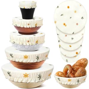 Patelai 10 Pcs Bowl Covers Reusable in 5 Size Stretch Cloth Fabric Elastic Food Storage Bowl Covers Bread Sourdough Lids for Proofing Food Fruits Leftover(Yellow, Green, White,Embroidery Daisy)