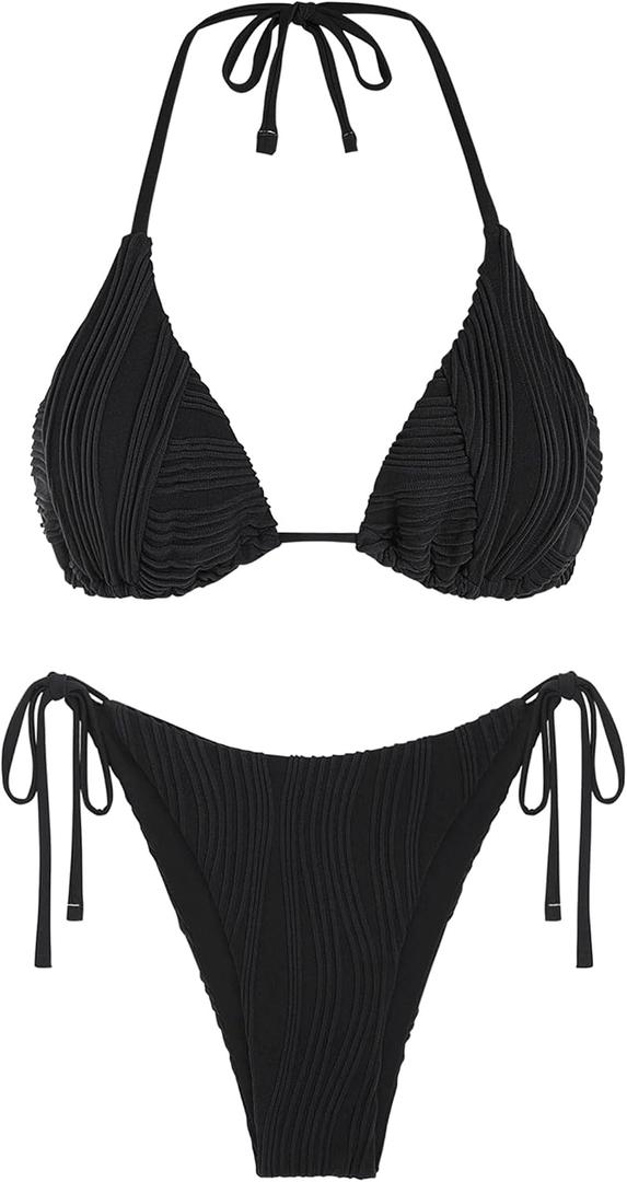 ZAFUL Bikini Sets for Women Halter Two Piece Swimsuit Ribbed High Cut Tie Side Thong Bathing Suit Sexy Padded Swimwear (Black, L)