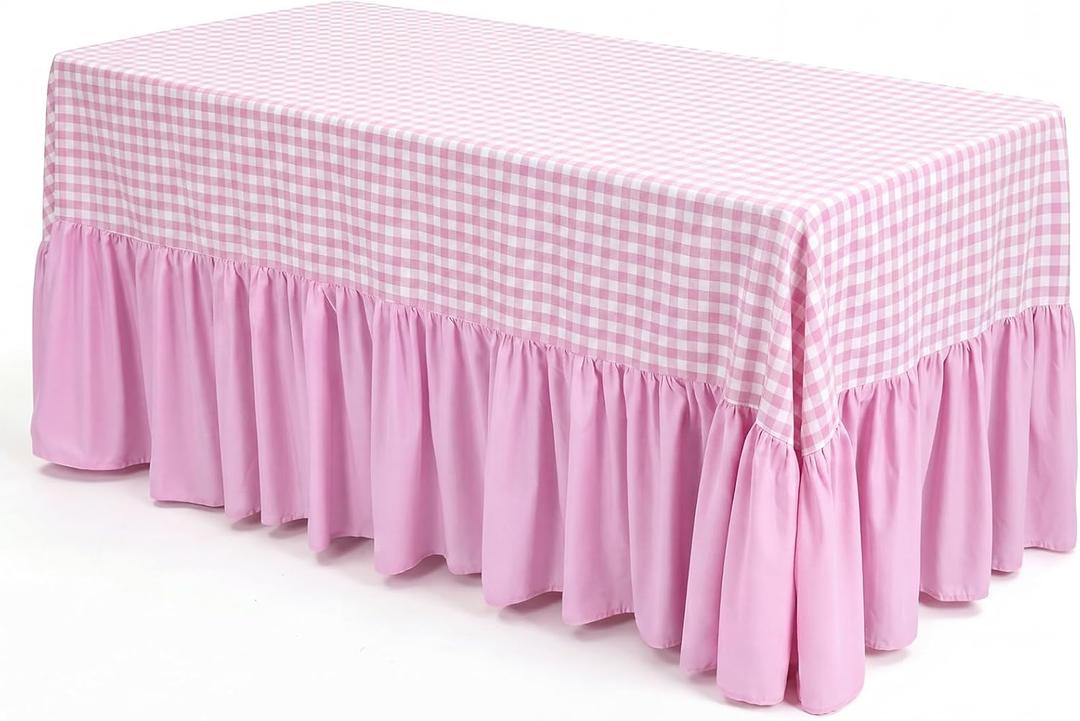 Pink Gingham Tablecloth with Ruffle Table Skirt for 6 Foot Rectangle Table, 72 x 30 Inch Checkered Scalloped Tablecover, Rectangle Picnic Party Decor Tablecloth for Wedding Baby Shower