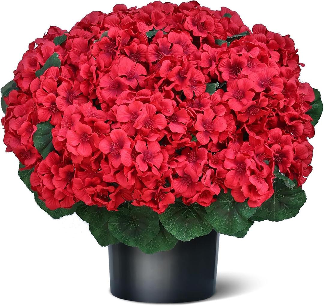 18" Artificial Geraniums Topiary for Front Porch Decor,Faux Silk Flowers Bushes UV Resistant Potted Plants for Outdoor Indoor Door Offices Garden Farmhouse Home Decor (Red)