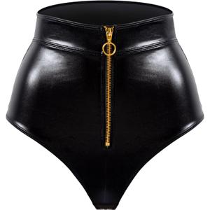 Women Faux Leather Brief High-Waist Panty with Front-Open Zipper (Black, XL)
