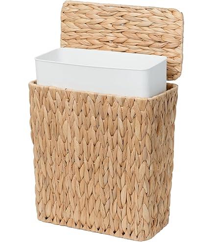 Coeusy 3 Gallon Wicker Trash Can,Small Bathroom Trash Can with Lid,Natural Water Hyacinth Wicker Waste Basket for Bedroom,Toilet,Narrow Garbage Can with Removable Liner