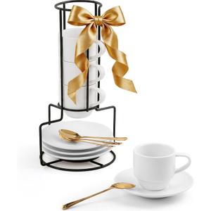 Lareina 3-Ounce Espresso Cups with Saucers, Spoons and Metal Stand, Small Stackable Coffee Cups Set of 4, Ceramic Demitasse Mugs, Gift for Housewarming or Wedding, White