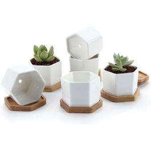 T4U Small White Succulent Planter Pots with Bamboo Tray Hexagon Set of 6, Geometric Ceramic Cactus Plant Holder, Gifts for Plant Lover Gardener Women, Home Office Table Desk Decoration