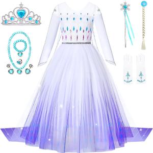 Girls Princess Elsa Dress Costume with Waist Sequins, Detachable Cape, Halloween Christmas Kid Snow Queen Dress Up (10-12T, White)