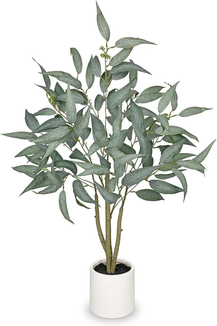 Eucalyptus Trees Artificial Indoor - 3FT Tall Faux Eucalyptus Plants in White Planter, Fake Plant Décor for Farmhouse Bedroom Office Room Hallway Decoration