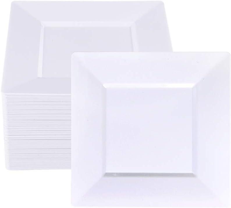 bUCLA 60Pieces White Plastic Plates  7inch White Square Plates- Premium Disposable for Party & Wedding