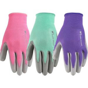 Wells Lamont 3 Pair Pack Womens Gardening Gloves | PU Coated Grip Work Gloves| Each Pack Includes Pink, Green, Purple | Medium (413MF)