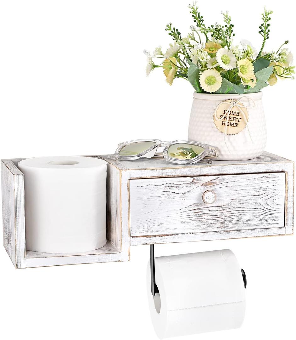 Sumnacon Wood Toilet Paper Holder - Rustic Toilet Paper Holder Wall Mount - Vintage Toilet Paper Holder with Shelf for Bathroom, Kitchen Decor, Whitewash