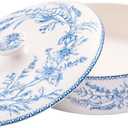 Bico Blue Garden Toile De Jouy Ceramic Tortilla Warmer, 8.9 Inch Tortilla Holder with Lid for Taco Bread Pancake for Mexican Night and Party, Microwave and Dishwasher Safe