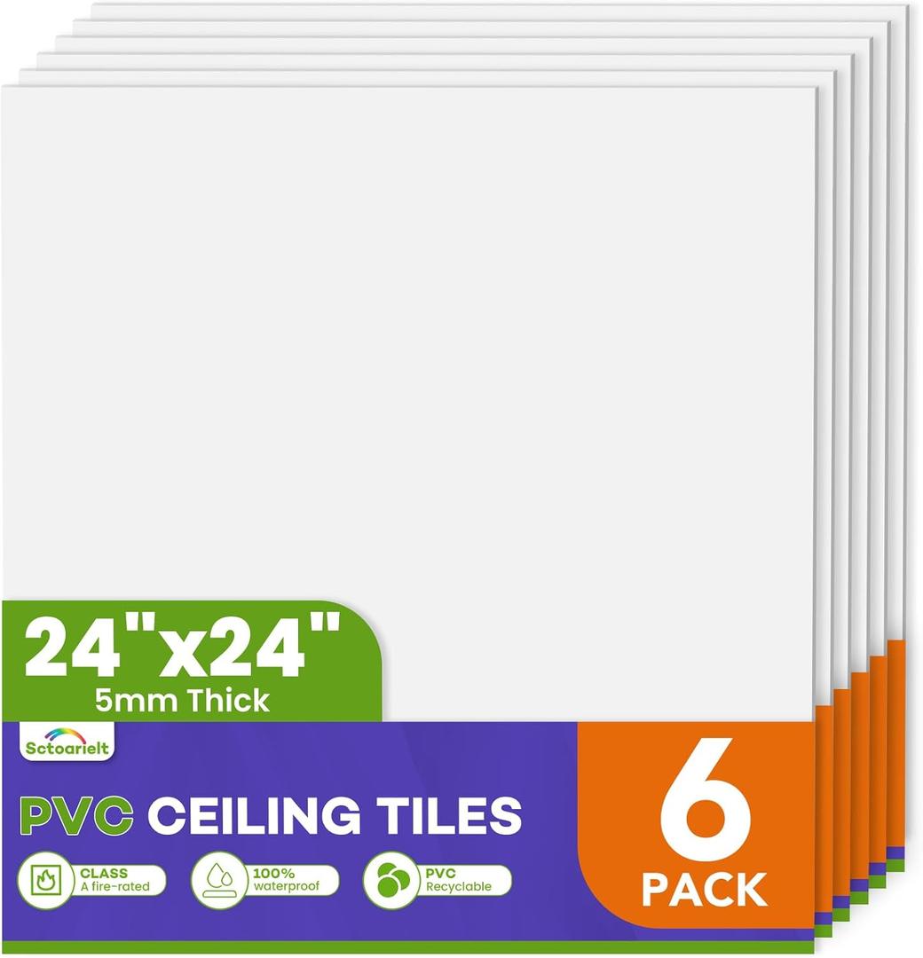 6Pcs 2ft x 2ft PVC Drop Ceiling Tiles, White Smooth Ceiling Panels 24x24in, Moisture Proof Fire-Rated Easy to Clean Reusable, No Sag No Breakage