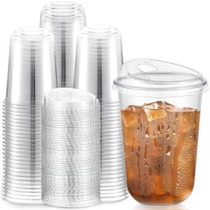 Baderke 100 Pcs Plastic Cups with Sip Lids Round Bottom Disposable Plastic Coffee Cups with Lids Clear Straw less Crystal Mugs for Iced Coffee Smoothie Cold Beverage Party Catering Supplies (16 oz)