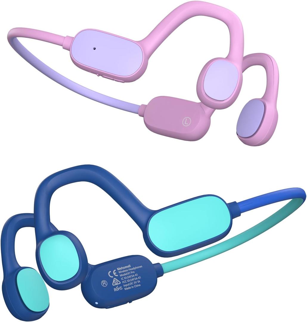 Mehomeli Kids Headphones, Bluetooth 5.2 Air Conduction Open Ear Headphones, 85dB Volume Limiting, Blue Pink
