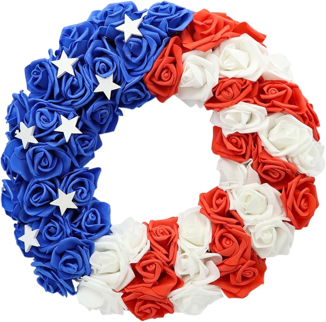 4th of July Wreath with Handmade Wooden Stars - 13 Inch Patriotic Front Door Wreath, Red White Blue American Flag Decor for Porch, Indoor Outdoor Memorial Day Independence Day