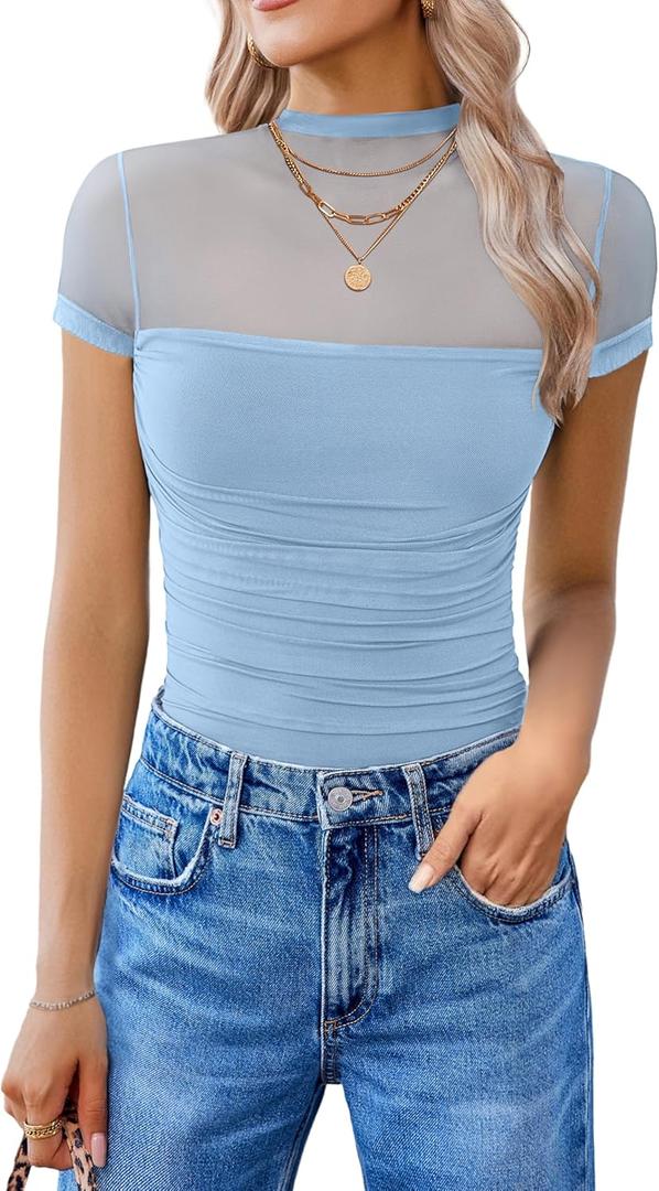 Avidlove Women's Short Sleeve Bodysuit Turtle Neck Body Suits Mesh One Piece Leotard Going Out Tops Date Outfits (Large, Light Blue)