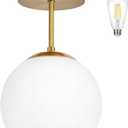Gold Semi Flush Mount Ceiling Light Fixture Milk Glass Light Fixture Mid Century Flush Mount Ceiling Lights Brass Flush Mount Ceiling Schoolhouse Lights for Dining Room(Bulb Incl.) (7"-Opal Gold)