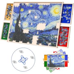Rotatable 360-Degree Wheels Puzzle Board with Drawers and Cover 1000 Pieces Lightweight Portable Wooden Puzzle Table for Adults Kids Working Area Size 27.56" x 19.69" (Large)
