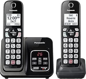 Panasonic Cordless Phone with Answering Machine, Advanced Call Block, Bilingual Caller ID and HighContrast Display, Expandable System with 2 Handset Cordless Telephones  KXTGD832M (Metallic Black)