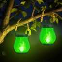 Hompavo Gen2 Solar Lanterns Outdoor Waterproof with Realistic Flickering Flame, Dual Charging (USB/Solar) & 2 Modes - Decorative Hanging/Table Lights for Patio Garden Porch Halloween Decor, 2/Green