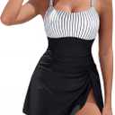 Blooming Jelly Womens One Piece Swimsuit with Swim Skirt Modest Swim Suits 2026 Slimming Bathing Suits (Large, Striped Black)