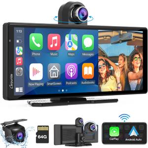 CARPURIDE W903 Portable Carplay & Android Auto with Dash Cam - 9.3" HD IPS Screen, 4K Front &1080P Rear Cam, Loop Recording, Bluetooth, Mirror Link, GPS, Siri, Dashboard Mounted