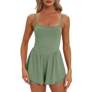 Beaully Women's Summer Sleeveless Athletic Rompers Spaghetti Strap Double Lined Shorts Jumpsuit One Piece Outfits (L)